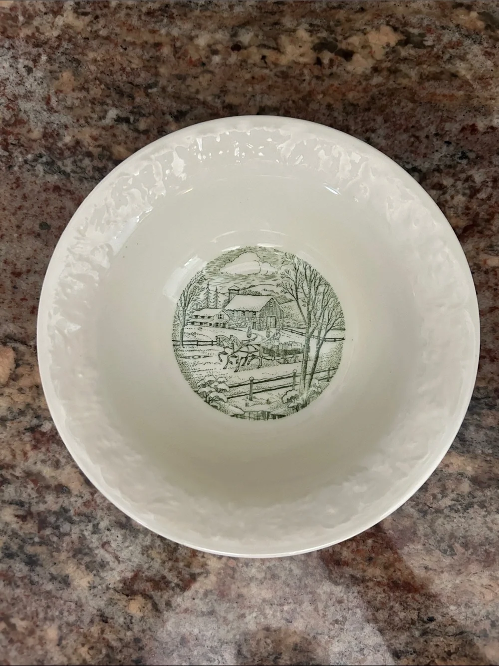 Vintage Taylor Smith & Taylor Ceramic White Bowl W/Green Country Winter Motif